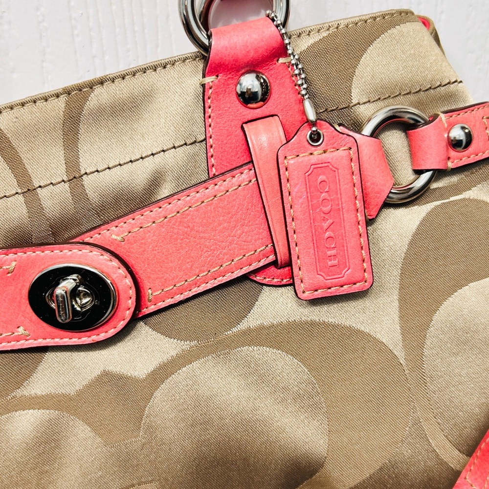 Coach Beige Signature Canvas Shoulder Bag with Coral Pink Trim
